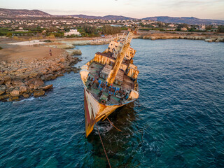 Cyprus - Abandoned shipwreck EDRO III in Pegeia, Paphos, Cyprus from drone view at amazing sunset...