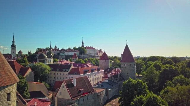 Aerial view of medieval city and Walls of Tallinn, Estonia. Historical ancient world heritage site in Europe shot from drone. 