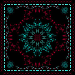 Vector three color abstract pattern in emerald red black color. Ethnic pattern, black background. Frame edging from dots of different