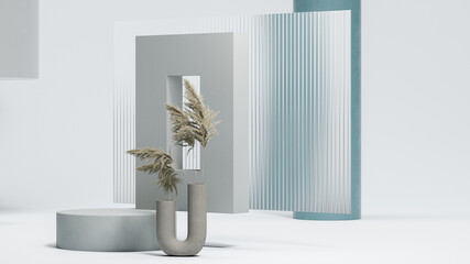 Bright flat gray space with square frame, round podium and dry wheat. Natural showcase. Minimal design. 3d rendering.