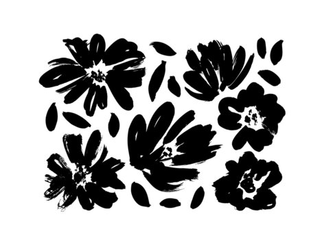Black brush flower silhouettes. Roses, peonies, chrysanthemums isolated cliparts. Floral drawings collection. Leaves and buds stencil silhouettes. Grunge dry paint brushstrokes isolated on white.