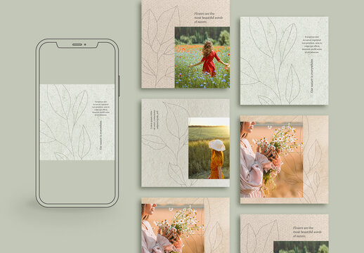 Social Media Post Layout with Hand-Drawn Leaves and Textured Background