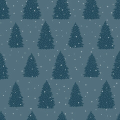 Seamless pattern of winter spruce forest. Stylized blue fir trees on a blue background. Snow is falling. Christmas and New Year are coming soon. Design for postcards, gift wrapping, wallpaper,textiles