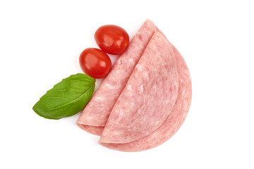 Twisted salami slices, isolated on white background.