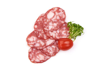Cured salami sausage slices, isolated on a white background.