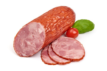 Pork ham sausage, isolated on white background.