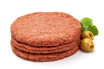 Raw burger cutlets, ingredients for hamburger, isolated on white background.
