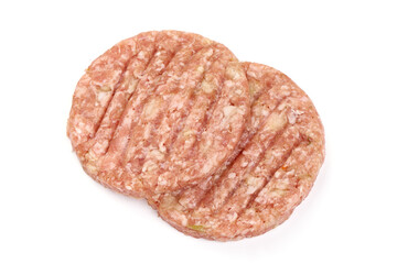 Burger patties, ready to fry, burger cutlets, isolated on white background. High resolution image.