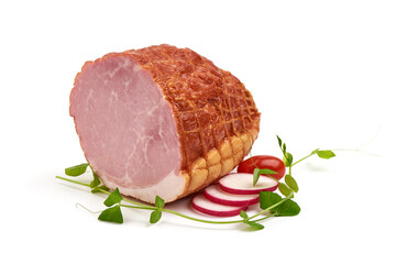 Smoked pork loin, isolated on white background.