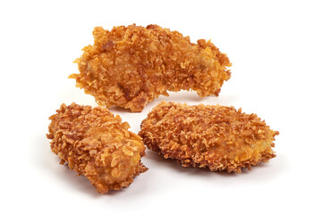 Fried Chicken strips in breadcrumbs, isolated on white background.