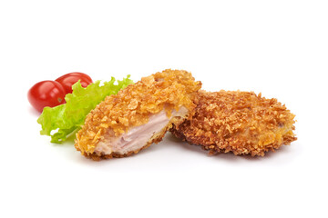Fried Chicken strips in breadcrumbs, isolated on white background.