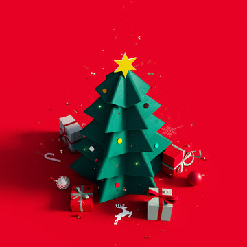 Green paper Christmas tree with presents and decoration on red background 3D Rendering, 3D Illustration