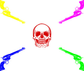illustration of a skull with four pistols of different colors on a white background
