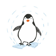 Cute sketch hand drawn color pencil cheerful penguin illustration. Bright cartoon childish polar water bird for kids print design, textile decoration, greeting cards, print, stickers, logo