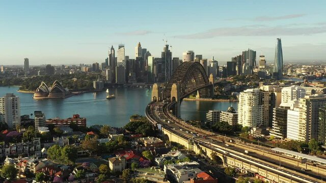 Sydney harbour waterfront of Circular quay &ndash; backward aerial 4k flying.
