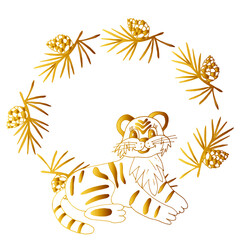 Golden  oval frame with Pine cones and a Tiger for greeting cards,  invitations and covers. White background. Vector isolated illustration.