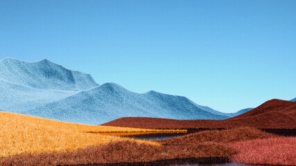 Surreale Berglandschaft mit hellblauen und orangefarbenen Gipfeln und blaugrünem Himmel. Minimaler moderner abstrakter Hintergrund. Zottelige Oberfläche mit leichtem Rauschen. 3D-Rendering