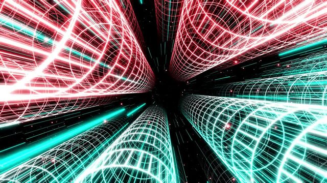 Motion design array of cylinders, camera flies and rotates in digital sci-fi space with neon light and hologram objects. Hi tech concept, abstract futuristic looped background. Motion graphic. Vj loop