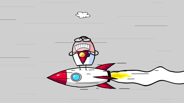 Cartoon businessman flying on the rocket transforms to superhero. Office employee becomes a strong character. He feels the power. He is very proud of himself. Everyone can be a hero. Success.