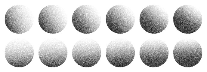 Dotwork noise gradient circles. Sand grain effect. Black noise stipple dots patterns. Abstract grunge dotwork gradients. Black grain dots elements. Stipple circles. Dotted vector set.