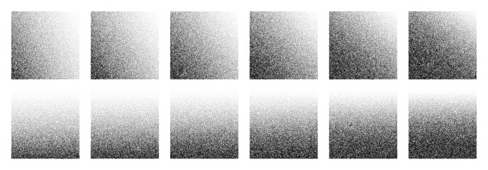 Dotwork noise gradient squares. Sand grain effect. Black noise stipple dots patterns. Abstract grunge dotwork gradients. Black grain dots elements. Stipple circles. Dotted vector set.