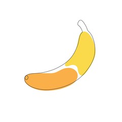 One line hand drawn banana with yellow, orange splashes. Vector minimalist illustration isolated on white background. 