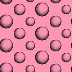 Dotwork spheres seamless pattern background. Sand grain effect. Noise stipple dots texture. Abstract noise dotwork shapes. Round black grain dots spheres pattern. Stipple circles texture. Vector