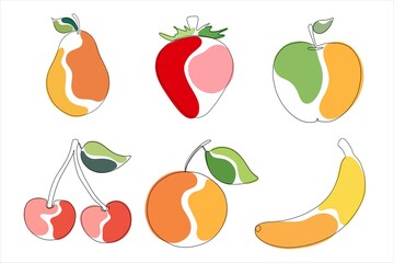 One line colourful fruits set. Apple, banana, pear, strawberry, cherry orange. Vector minimalist illustration isolated on white background. 