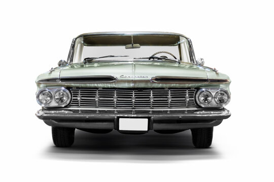 Front view of a Chevrolet Impala green car which produced in 1959 Editorial Shot in Izmir Turkey.