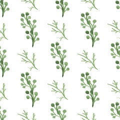 Seamless pattern with hand-drawn watercolor green branches on white. Organic, natural, freshness concept for textile, print, etc.