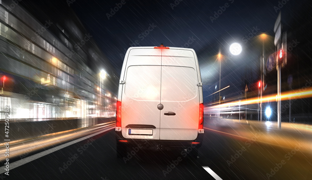 Wall mural parcel express carrier in the city at night with high speed motion.