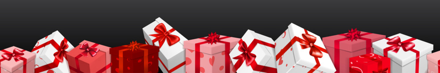 Banner with bunch of red, pink and white gift boxes with ribbons, bows and pattern of hearts. On black background, with seamless horizontal repetition. Valentine's Day illustration.