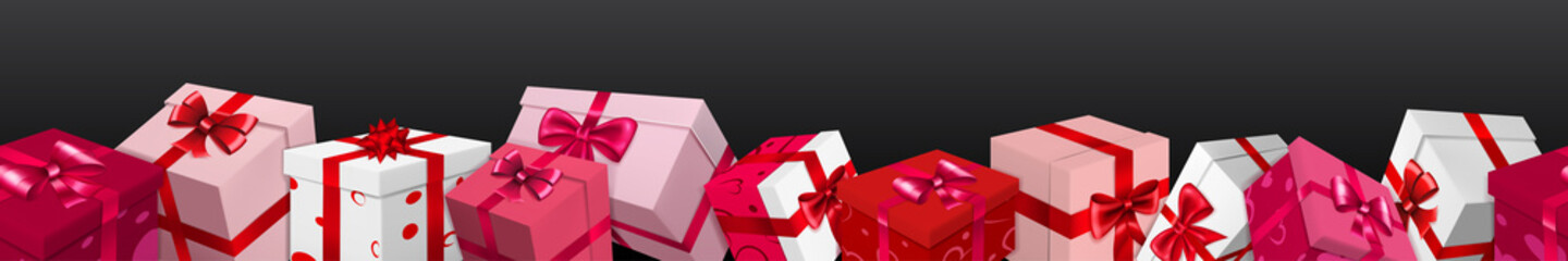 Banner with bunch of red, pink and white gift boxes with ribbons, bows and pattern of hearts. On black background, with seamless horizontal repetition. Valentine's Day illustration.