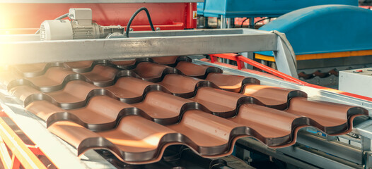 Roof tiles made from steel in metal sheet forming machine in metalwork factory.