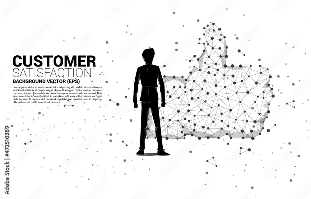 Poster Silhouette of businessman standing with thumb up icon from dot connect line polygon network. concept of customer satisfaction , client rating and ranking.