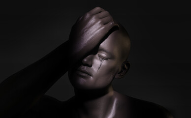 Close-up of a man in tears, hiding his face with one hand in the dark. 3D illustration