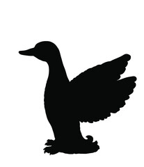 Spread wings wild duck vector silhouette illustration isolated on white background. Wildlife fowl poultry symbol. Farm bird sign.