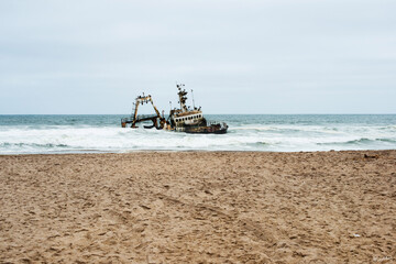 Old beached ship in Namibian skeleton coast. Namibia