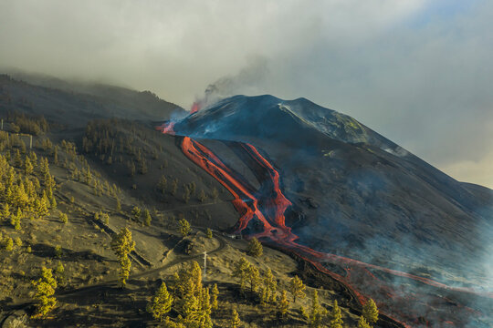 Aerial view of Volcan Cumbre Vieja, a volcano during eruption near El Paraiso town, Las Manchas, La Palma Island, Canary Islands, Spain.