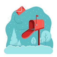 Open mailbox. Christmas letter to the address. Red vector envelope. The paper message has been delivered to the post box. Winter landscape, trees, fir trees, snowflakes.