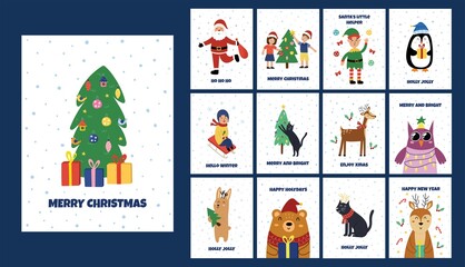 Christmas greeting cards set with cute winter animals, kids, Santa Claus. Christmas holiday tags bundle. Festive postcards collection. Vector illustration