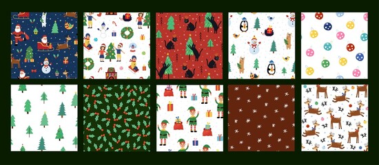 Fototapeta na wymiar Set with cute Christmas seamless patterns. Winter season backgrounds bundle. Funny characters, Christmas trees, gifts and more. Vector illustration