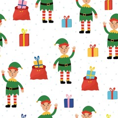 Fototapeta premium Cute happy elf and Christmas presents seamless pattern. Little Santa helper in festive costume. Funny xmas holiday background. Vector illustration