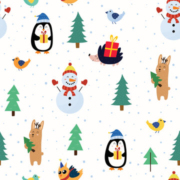 Cute animals preparing for the Christmas seamless pattern. Winter forest background with funny characters. Penguin, rabbit, owl, snowman. Vector illustration
