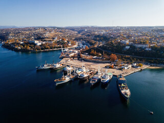 Russian military fleet in Sevastopol bay aerial view