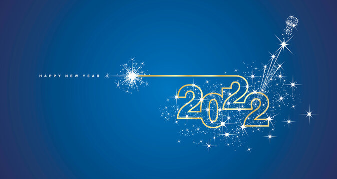 Happy New Year 2022 compact line design sparkle firework champagne open new year eve golden white blue vector wallpaper greeting card