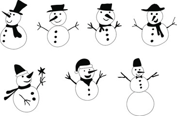Set of snowmans in doodle style. Christmas illustration. Hand drawn black and white vector illustration isolated on white