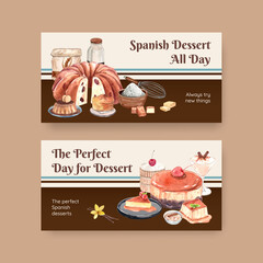 Twitter template with Spain dessert concept,watercolor style