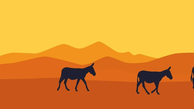 Desert landscape with mountains and walking donkeys (animation, seamless loop)