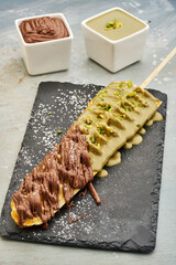 Waffle Stick with Mixed sauce on wood background